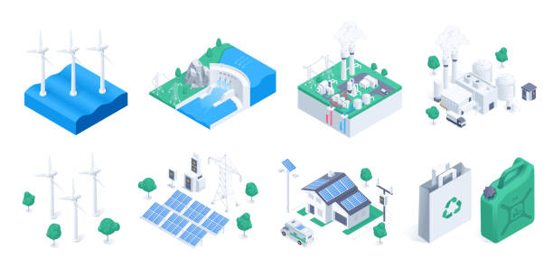 ilustrações de stock, clip art, desenhos animados e ícones de environmentally friendly energy set - isometric natural gas power station nuclear reactor