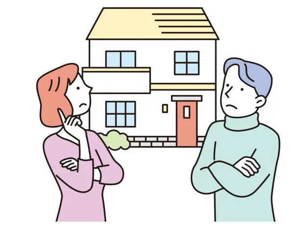 Vector illustration of A young couple standing in front of their house worrying about things