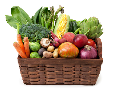 Various kinds of vegetables in wicker basket on green background (tuber parsley,onion,pepper,leaves,turnip,etc)