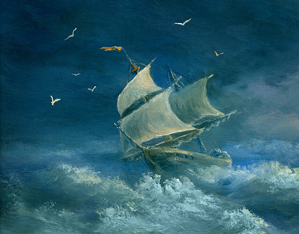 ilustraciones, imágenes clip art, dibujos animados e iconos de stock de gale altas - storm sailing ship sea shipwreck