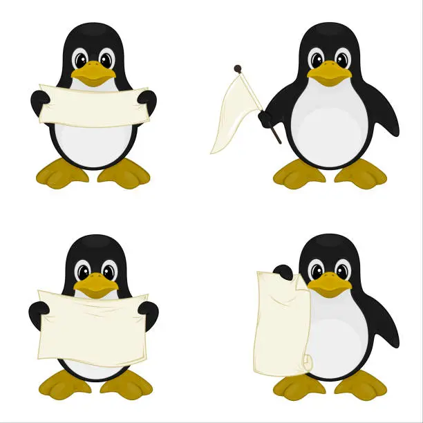 Vector illustration of Four cute penguins with signs