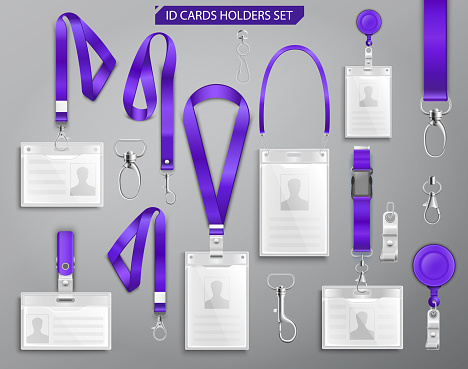 Collection of realistic id badge cards on purple lanyards with strap clips, cord and clasps vector illustration