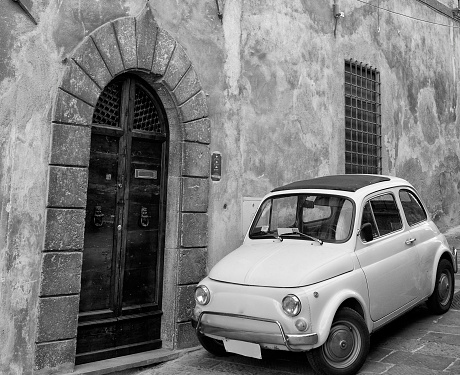 Vintage Fiat 500 in Montepulciano, Chianti region, Tuscany, Italy.