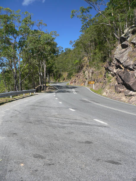 Winding road in the mountains with rocks and trees