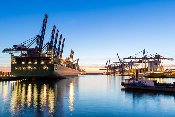 puerto de hamburgo, terminal de carga - hamburg germany elbe river illuminated freight transportation fotografías e imágenes de stock