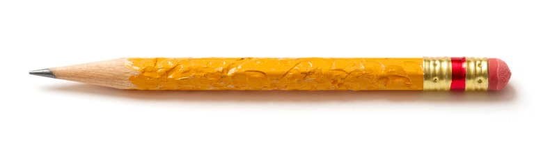 chewed pencil with worn eraser on white background