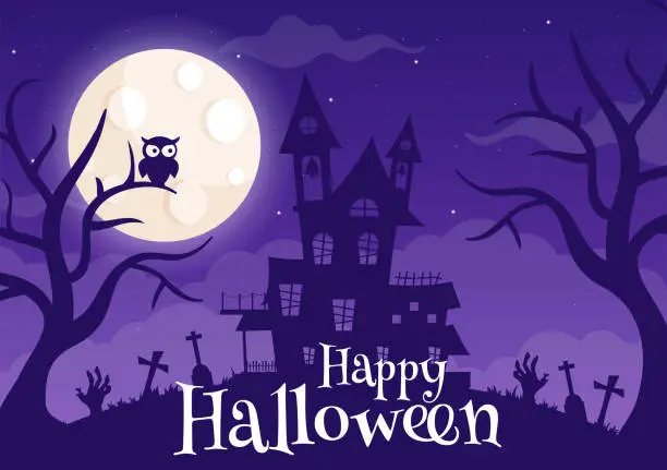 Vector illustration of Halloween Night Background Vector Illustration with Pumpkins on the Moonlight and Several Other Elements in Flat Cartoon Hand Drawn Templates