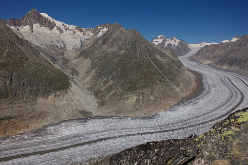 Hiking from Bettmeralp to Bettmerhorn to Eggishorn along the Aletsch glacier in Switzerland.