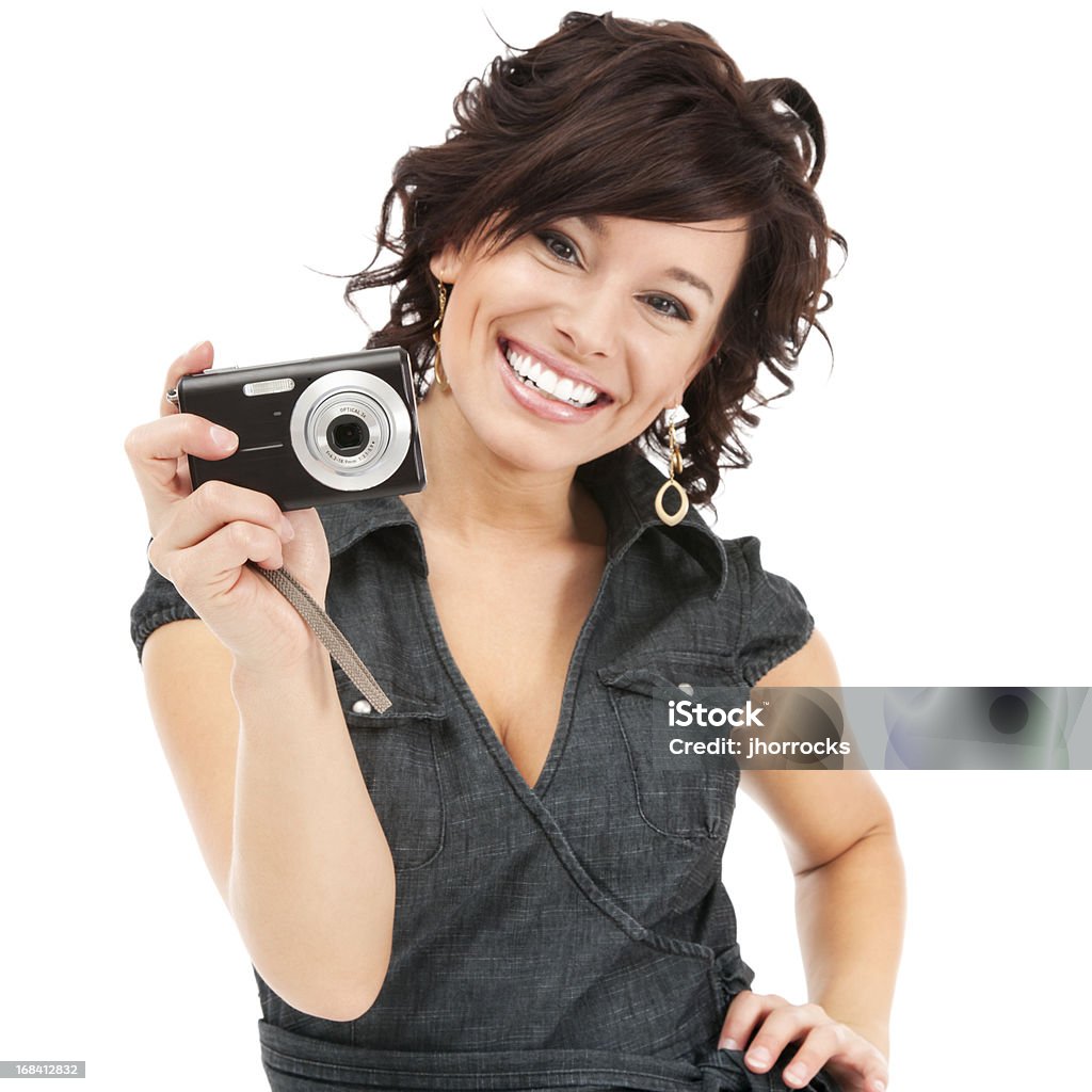 Attractive Young Woman Having Fun with Digital Camera Photo of an attractive young woman with a point-and-shoot digital camera, laughing. Selective focus on camera; isolated on white. 20-29 Years Stock Photo