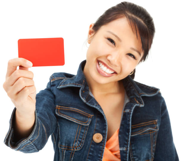 Enthusiastic Young Asian Woman with Blank Gift Card