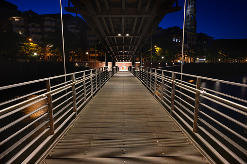 Hamburg, Germany - June 13 2023: Kibbelsteg Bridge Illuminated at Night.