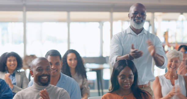 istock Business people, seminar workshop and applause for presentation with happiness, motivation and success. Corporate staff group, happy audience and clapping for event, conference or training meeting 1684183743