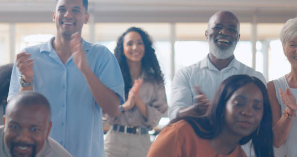 istock Business people, seminar workshop and applause for presentation with happiness, motivation and success. Corporate staff group, happy audience and clapping for event, conference or training meeting 1684183746
