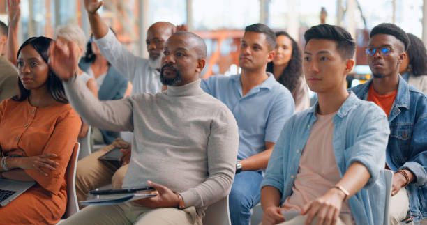 istock Business people, seminar workshop and applause for presentation with happiness, motivation and success. Corporate staff group, happy audience and clapping for event, conference or training meeting 1684183748