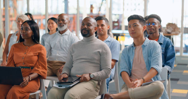 istock Business people, seminar workshop and applause for presentation with happiness, motivation and success. Corporate staff group, happy audience and clapping for event, conference or training meeting 1684183753