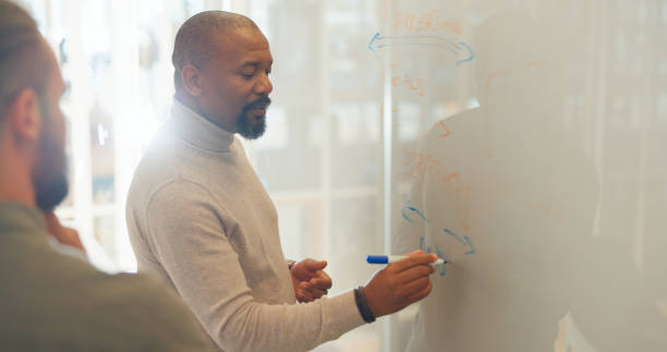 istock Workshop, presentation and whiteboard with a business black man training his team in the office boardroom. Meeting, leadership and work education with a mature male employee writing in a seminar 1684183760