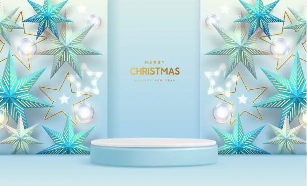 Vector illustration of Christmas holiday showcase background with 3d podium, Christmas stars and electric lamps. Vector illustration