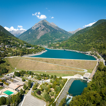 aerial view of the Verney dam in the Oisans massif in the French Alps