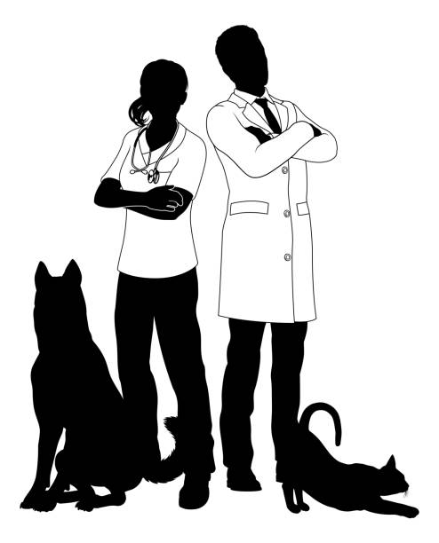 ilustrações, clipart, desenhos animados e ícones de homem e mulher vets cão e gato animais de estimação silhueta - silhouette white background black white