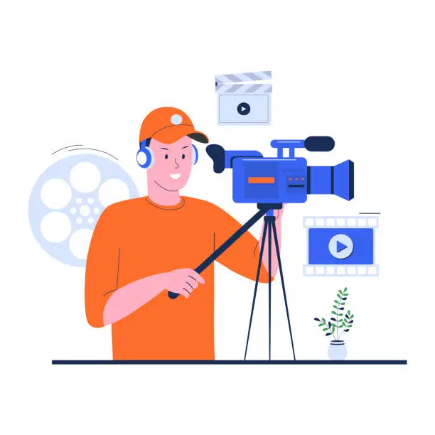 Vector illustration of Flat design cameraman taking video