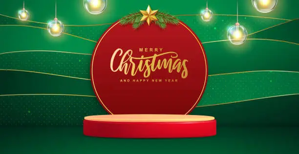 Vector illustration of Christmas holiday showcase background with 3d podium and electric lamps. Vector illustration