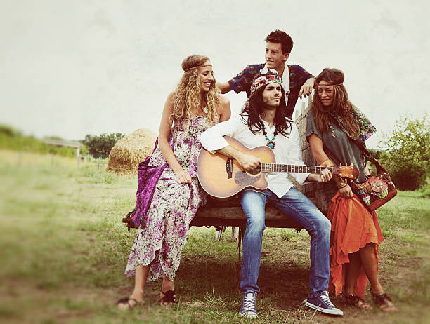Group of Hippie Singing in Countryside