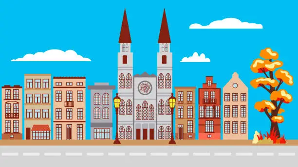 Vector illustration of Autumn street in the historical center of the city with a Gothic church and old houses, a cozy urban landscape for a postcard or banner, an illustration in a flat cartoon style.