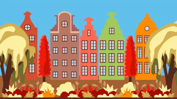 Vector illustration of Autumn street with old European house, landscape with Dutch houses, illustration in flat style.