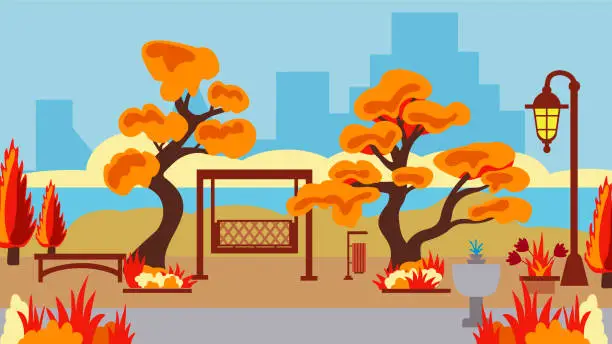 Vector illustration of Swing in the autumn city park, cozy autumn landscape, illustration in a flat style.
