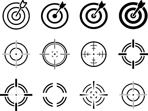 The monochrome icon of a target pierced by a vector arrow