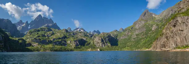 Photo of The Trollfjord or Trollfjorden, Hadsel, Lofoten Islands, Nordland, Norway. The  fjord is only accessible by boat and it is famous for its narrow entrance and steep-sided mountains surrounding it