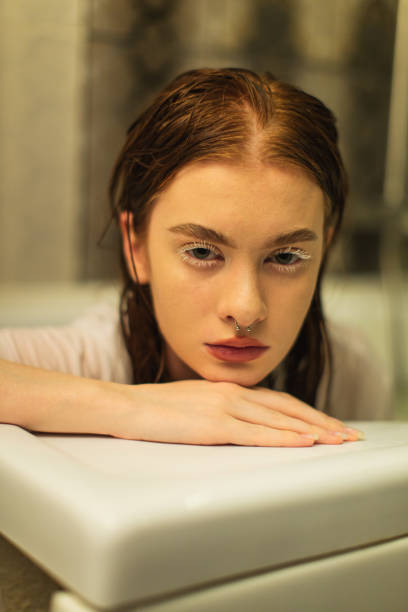 asian redhead woman in shower. bathroom. - human hair flowing fashion beauty spa imagens e fotografias de stock