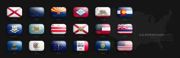 Vector illustration of All Official Flags of US States 3D Vector Isolated Round Glossy Icons Collection