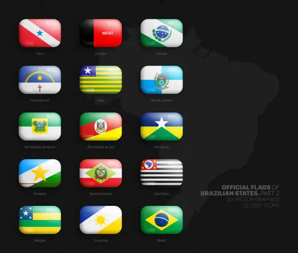 Vector illustration of All Official Flags of Brazilian States 3D Vector Rounded Glossy Icons Collection