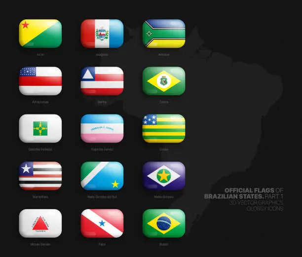 Vector illustration of All Official Flags of Brazilian States 3D Vector Rounded Glossy Icons Collection