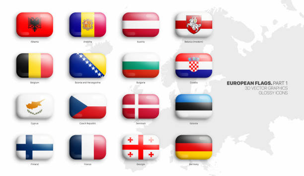 All Official Flags of European Countries 3D Vector Rounded Glossy Icons Set All Official Flags of European Countries 3D Vector Rounded Glossy Icons Set Isolated On White Background Part 1. Insignia of Europe Bright Vivid Colour Shiny Bulging Buttons Design Elements Collection georgia flag country stock illustrations