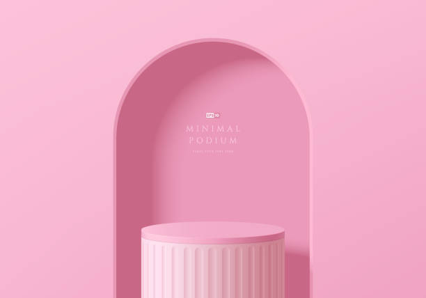 istock 3D background with realistic pink and white cylinder pedestal podium in arch gate wall scene. Platforms cosmetic product display presentation. Abstract composition in minimal design. Stage showcase. 1684279498