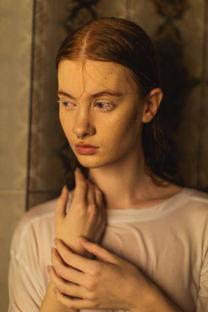 asian redhead woman in shower. bathroom. - human hair flowing fashion beauty spa imagens e fotografias de stock