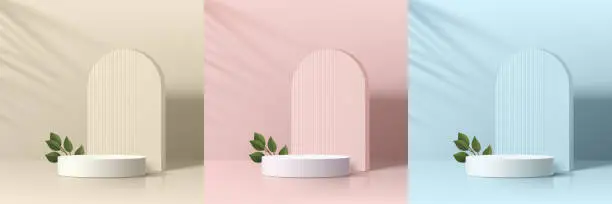 Vector illustration of Set of 3D background with beige, blue, pink and white realistic cylinder podium. Arch partition and green leaf. Platforms mockup product display presentation. Abstract composition in minimal design.