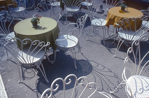 Veneto, Italy, 1980. Covered street cafe terrace.