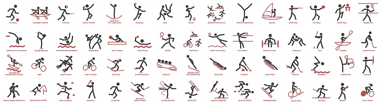 Summer and winter sports icons. Vector isolated pictograms with the names of sports disciplines. Olympic sports icons. EPS 10.