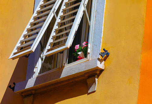 Colorful window with shutters and flowers with yellow wall