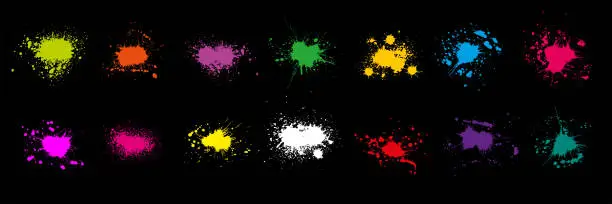 Vector illustration of Color  ink splashes on black background, beautiful design elements.  Vector illustration