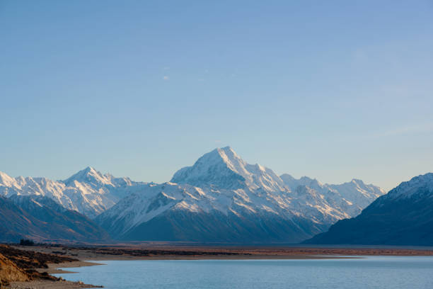 Looking up Lake Pukaki towards Mt Cook/Aoraki, on New Zealand's South Island.