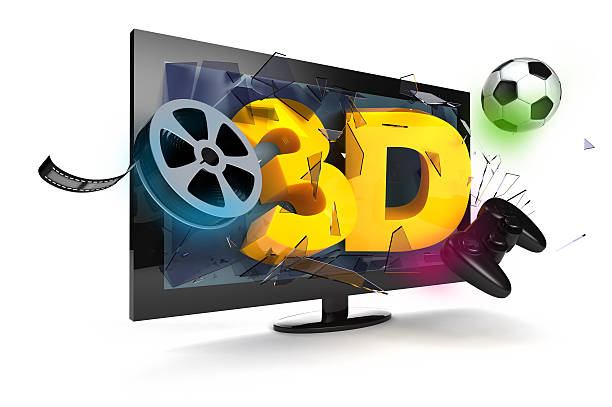 3d TV Soccer ball, camera film and game pad breaking through 3d TV. broken flat screen stock pictures, royalty-free photos & images