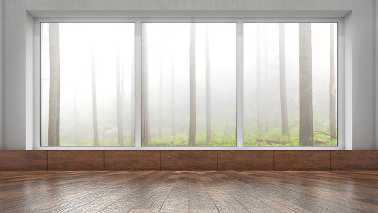 View through the window of empty room into the forest. 3D rendering