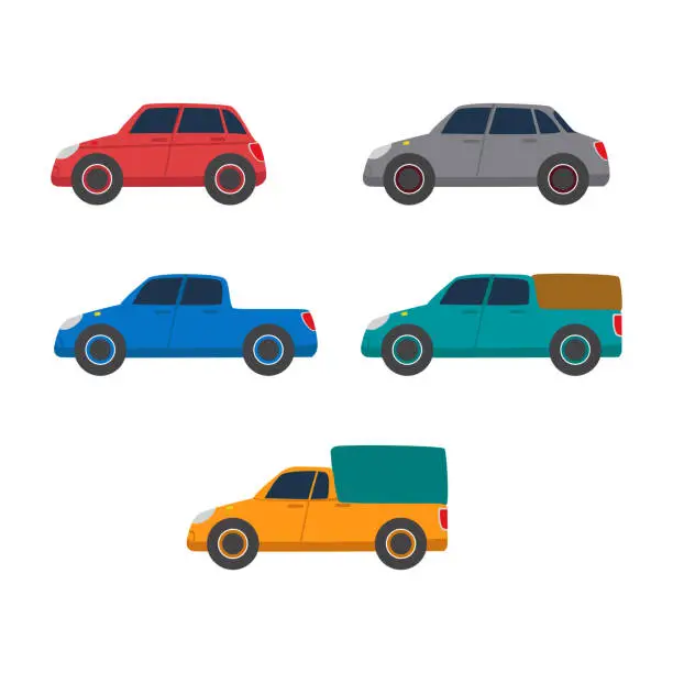 Vector illustration of Cars and pick up trucks flat premium vector illustration