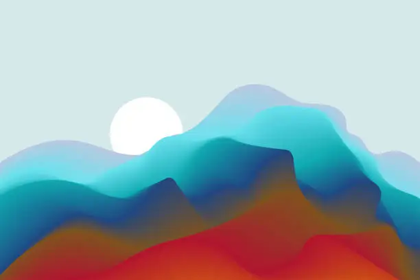 Vector illustration of Landscape with mountains and sun. Sunrise.