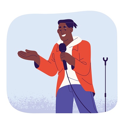 Young comic perform in public, comedian communicate on stand up show, black man speaking with audience. Professional speaker standing with micro on stage. Flat isolated vector illustration on white.