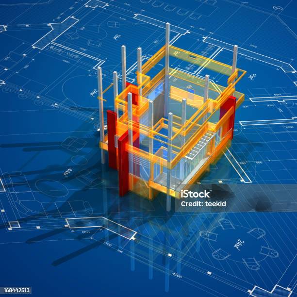 Architecture On Blueprint Stock Photo - Download Image Now - Three Dimensional, Blueprint, Construction Industry